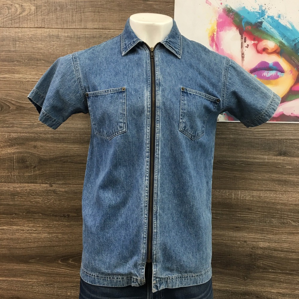 Vintage Denim Co Men's Y2K Medium M Short Sleeve Full Zip Denim Shirt Blue